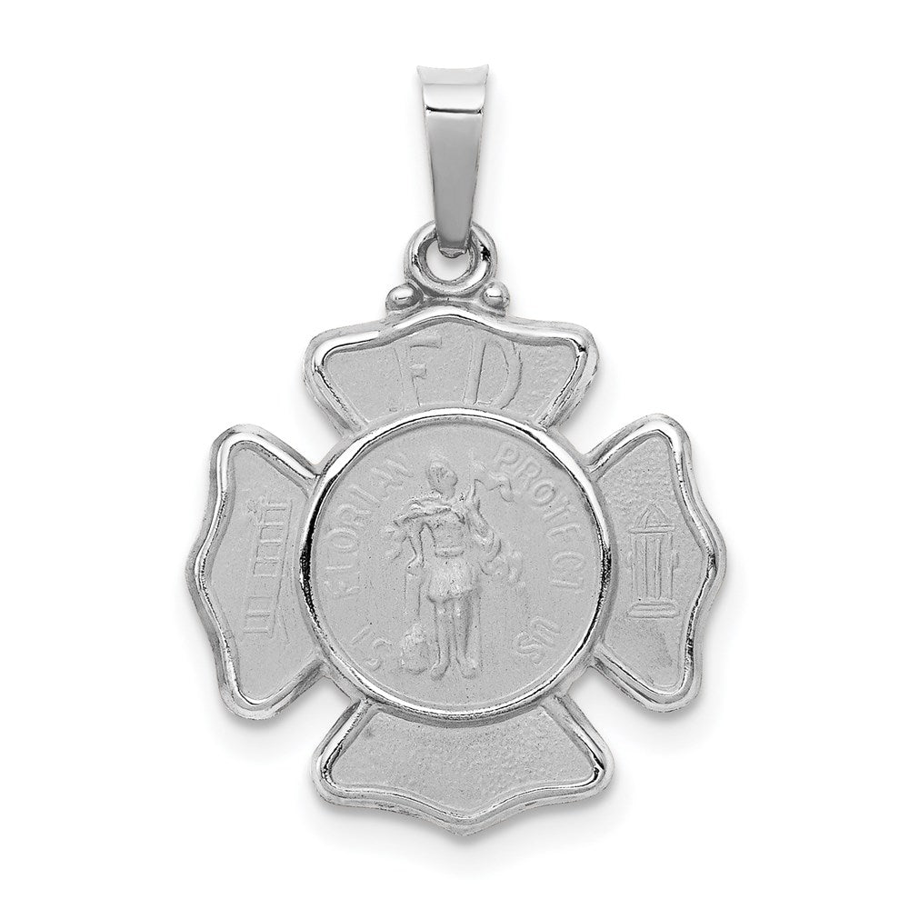 14k White Gold Polished and Satin Hollow St Florian Badge Medal Pendant
