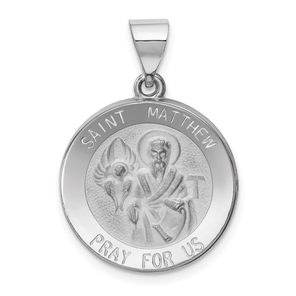 14k White Gold Polished and Satin Hollow St Matthew Medal Round Pendant