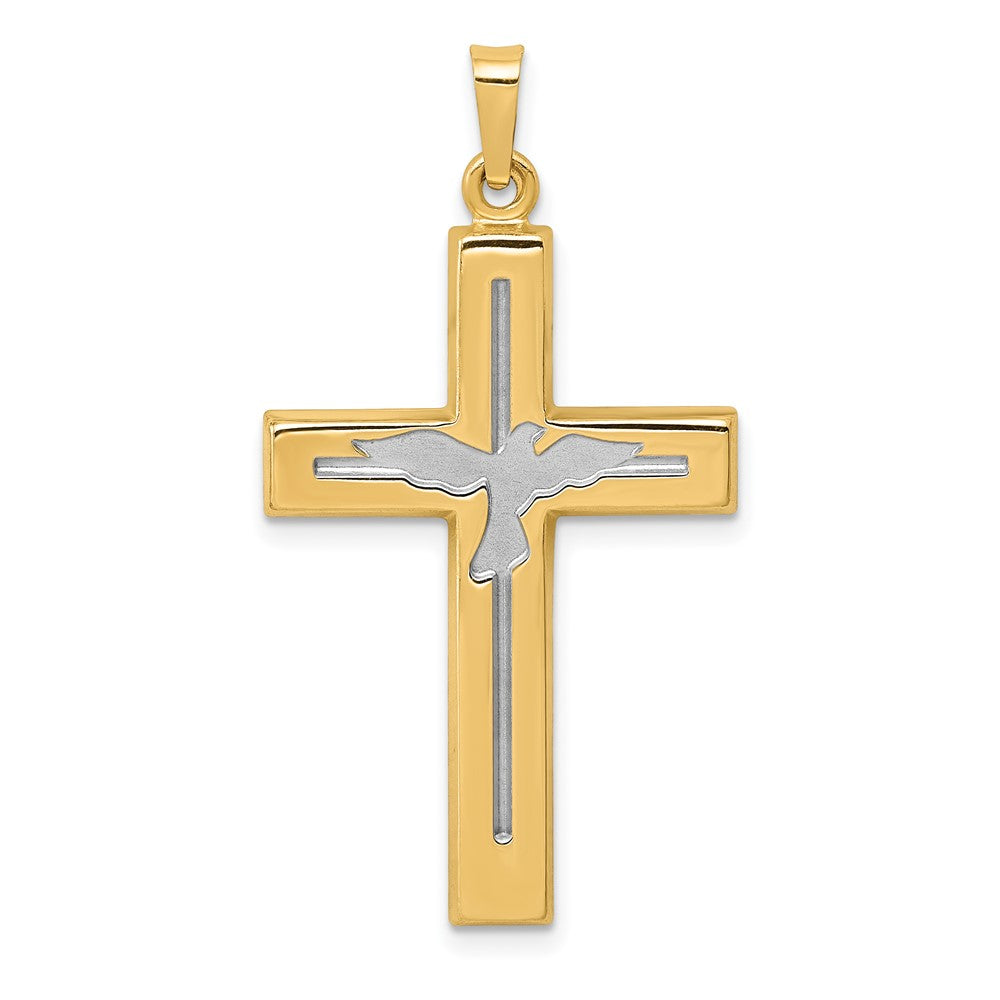 14K and White Rhodium Polished and Satin Cross with Dove Pendant