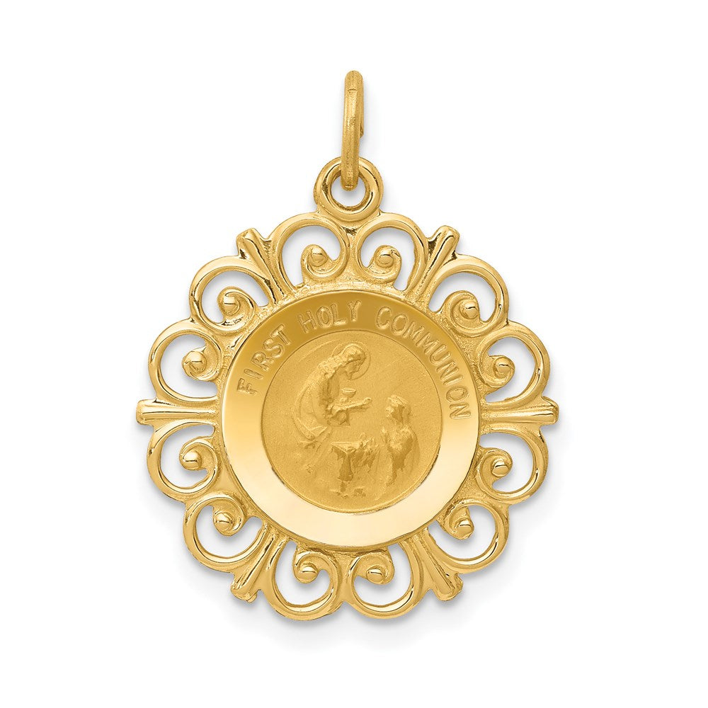 14k Polished and Satin Solid FIRST HOLY COMMUNION Medal Scalloped Edge Charm
