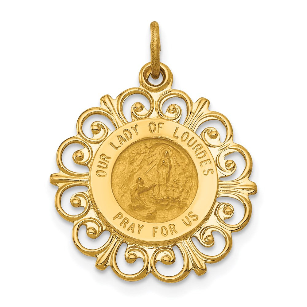 14k Polished and Satin Solid Our Lady of Lourdes Medal Scalloped Edge Round Pendant