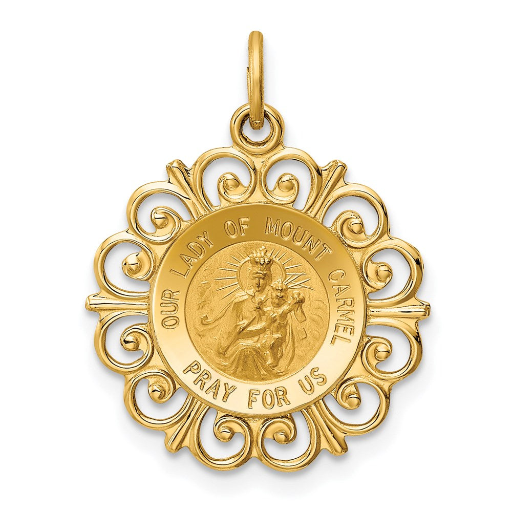 14k Polished and Satin Solid Our Lady of Mt. Carmel Medal Scalloped Edge Round Charm
