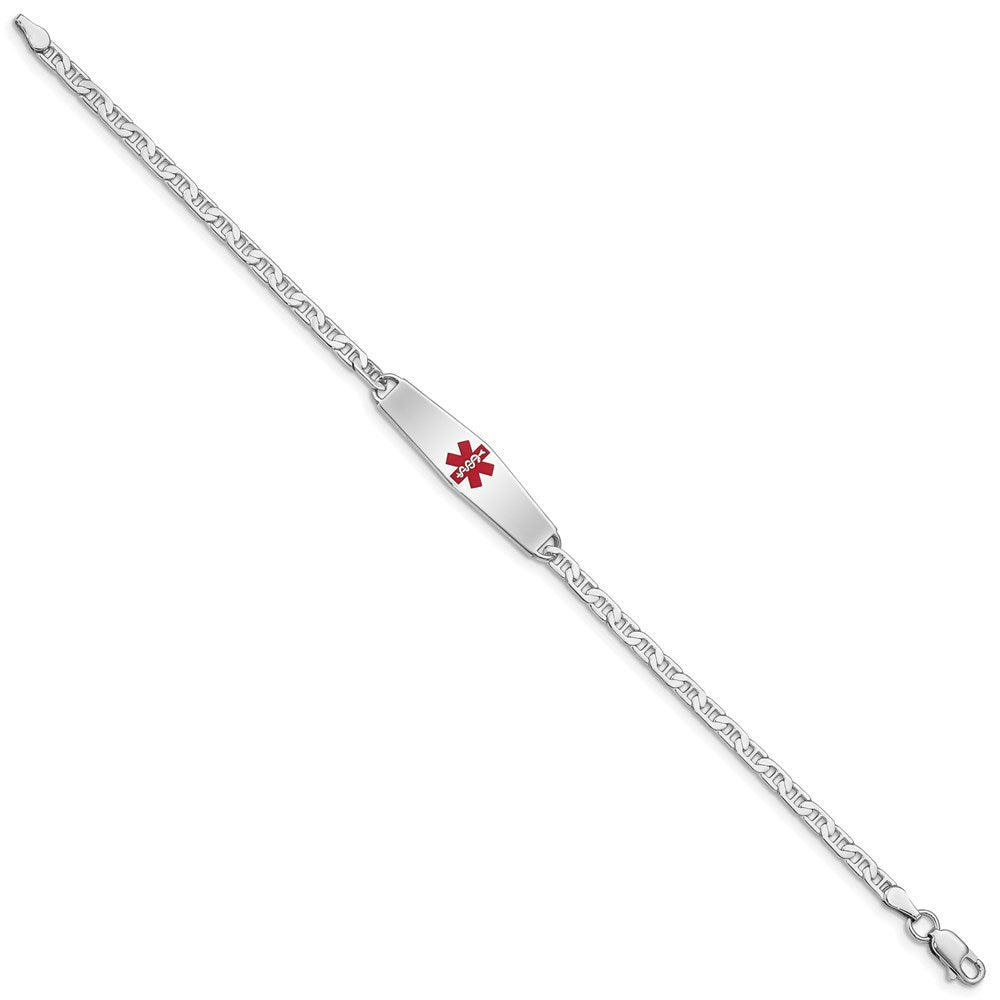 Sterling Silver Rhodium-plated Anchor Link Centered Red Enamel 30x Plate Medical ID Bracelet