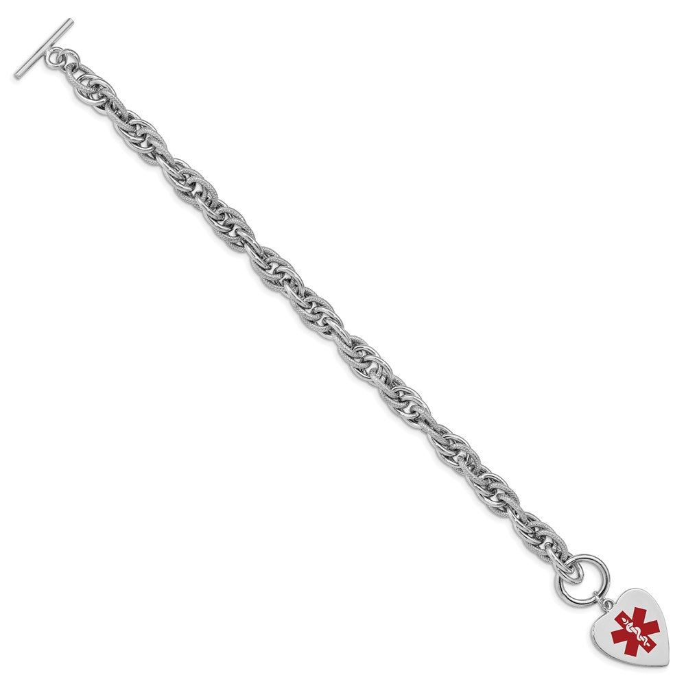 Sterling Silver Rhodium-plated Rope Chain Engravable Red Enamel 23x Heart Disc Medical ID Bracelet