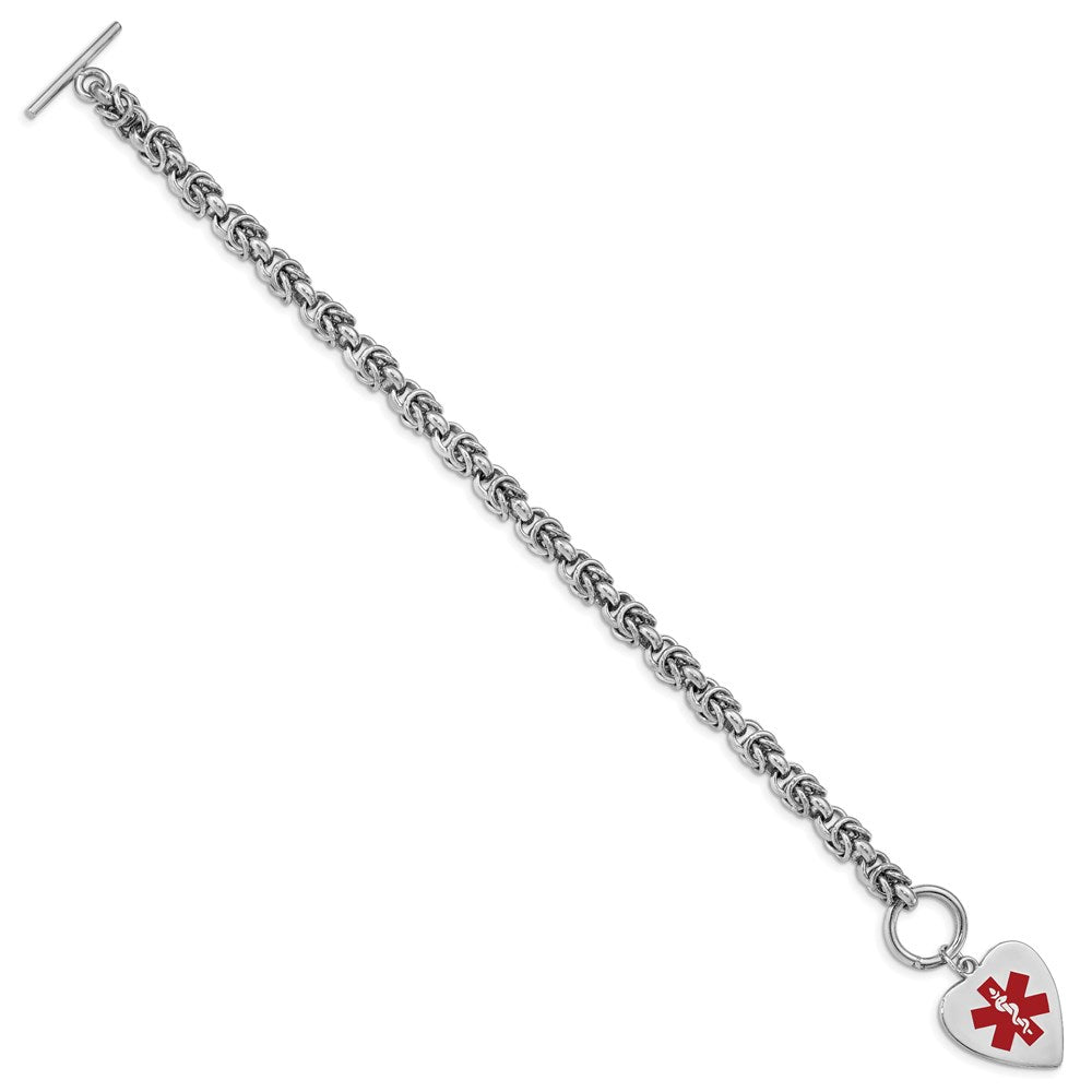 Sterling Silver Rhodium-plated Byzantine Link Engravable Red Enamel 23x Heart Disc Medical ID Bracelet