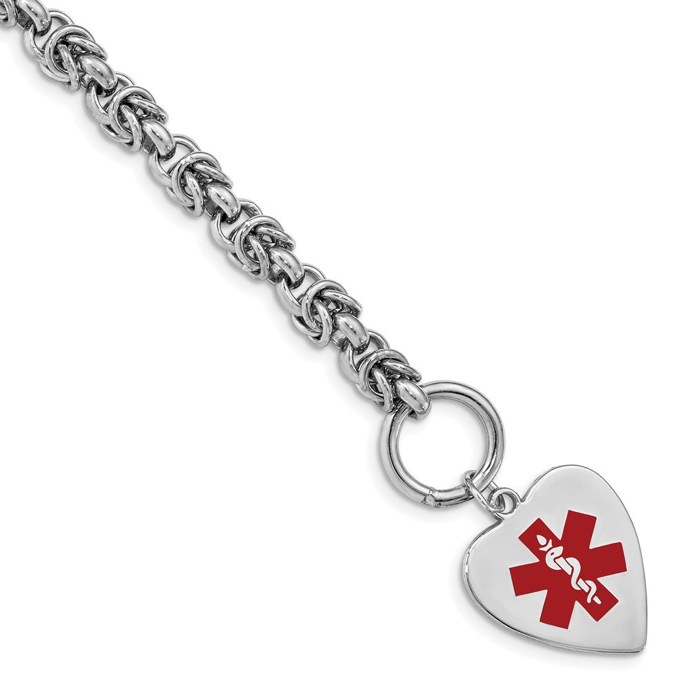 Sterling Silver Rhodium-plated Byzantine Link Engravable Red Enamel 23x Heart Disc Medical ID Bracelet