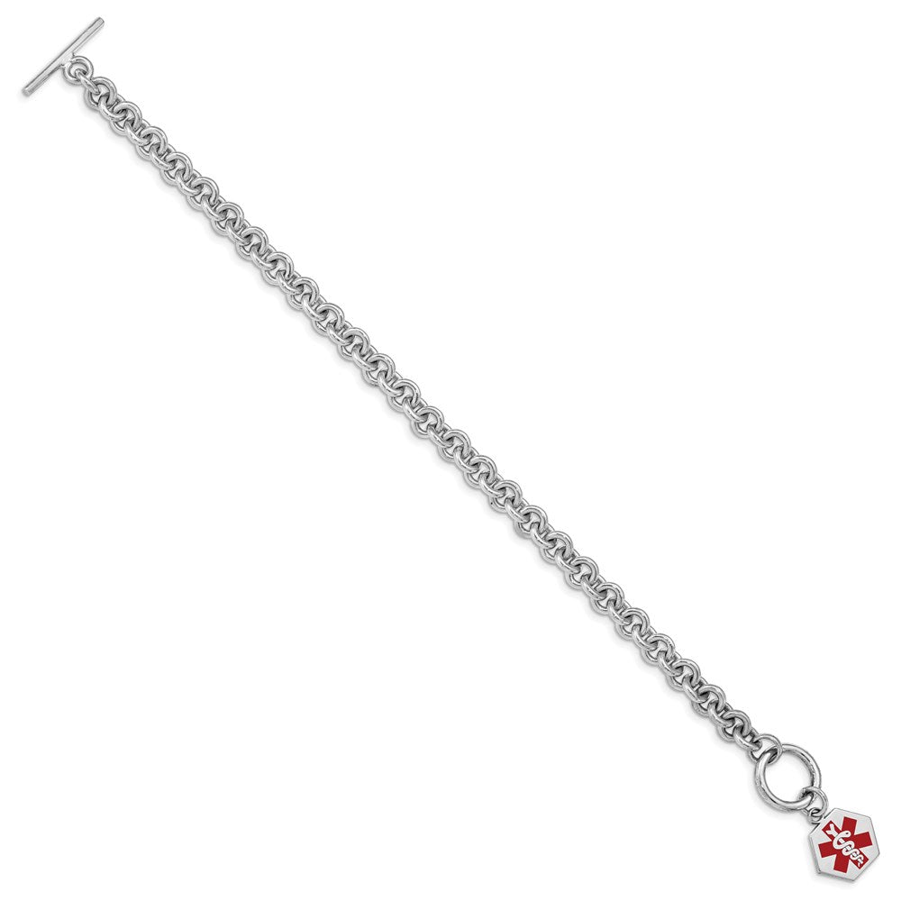 Sterling Silver Rhodium-plated Rolo Link Engravable Red Enamel Hexagon Disc Medical ID Bracelet