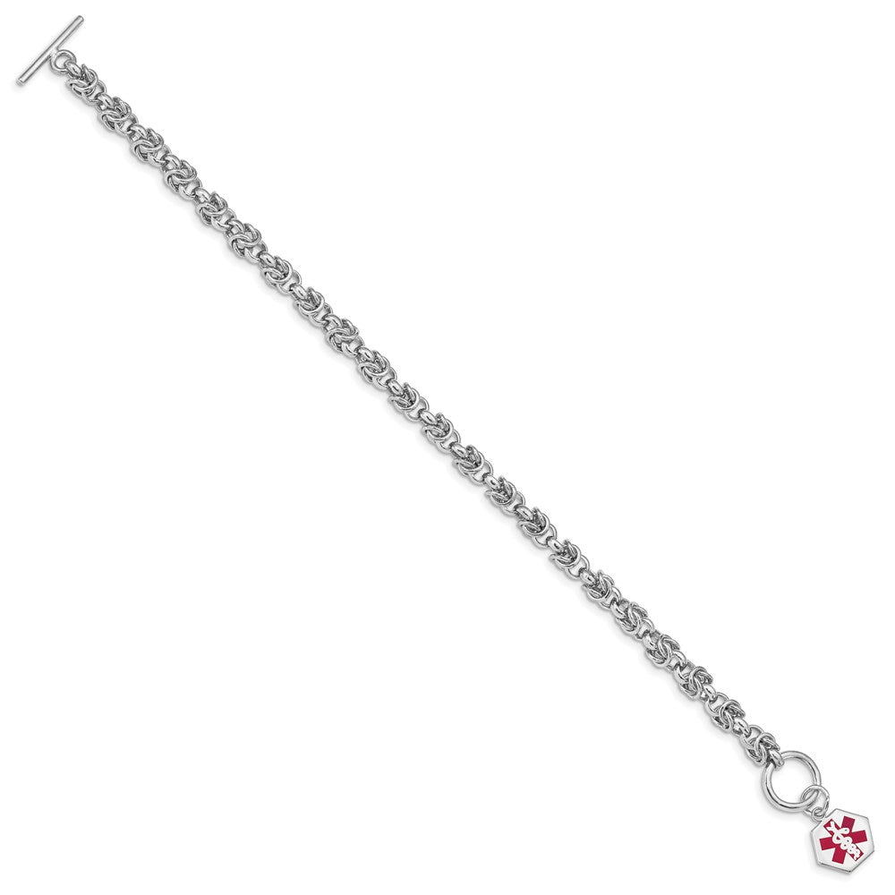 Sterling Silver Rhodium-plated Byzantine Link Engravable Red Enamel Hexagon Disc Medical ID Bracelet