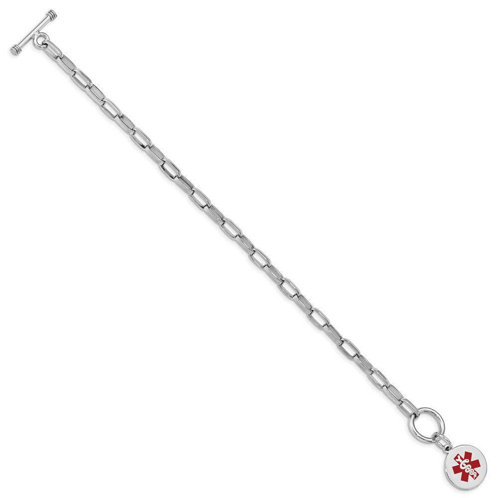 Sterling Silver Rhodium-plated Cable Link Engravable Red Enamel Round Disc Medical ID Bracelet