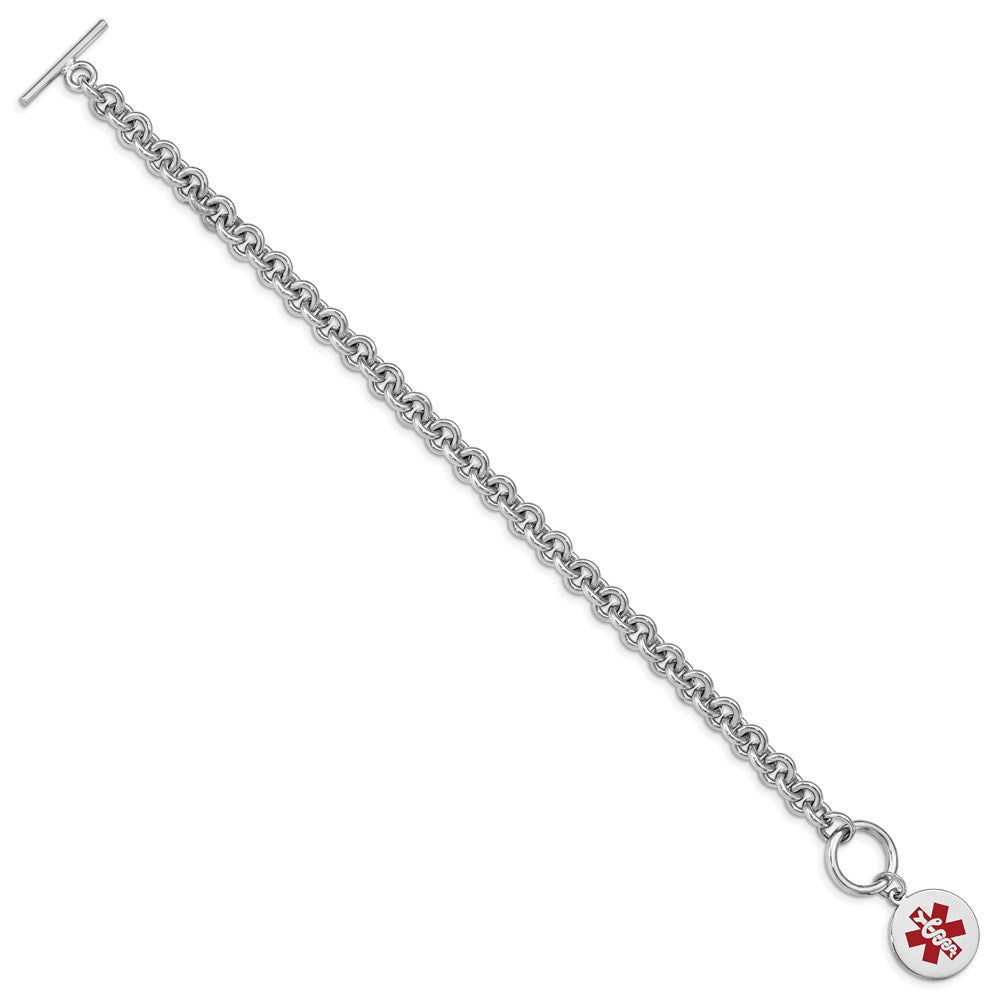 Sterling Silver Rhodium-plated Rolo Link Engravable Red Enamel Round Disc Medical ID Bracelet