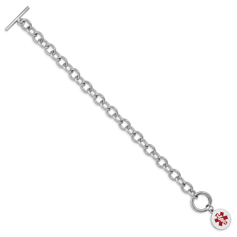 Sterling Silver Rhodium-plated Cable Link Engravable Red Enamel Round Disc Medical ID Bracelet