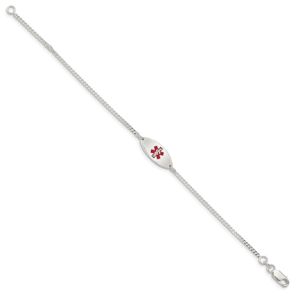 Sterling Silver Rhodium-plated Curb Link Centered Red Enamel 18x Oval Plate Medical ID Bracelet
