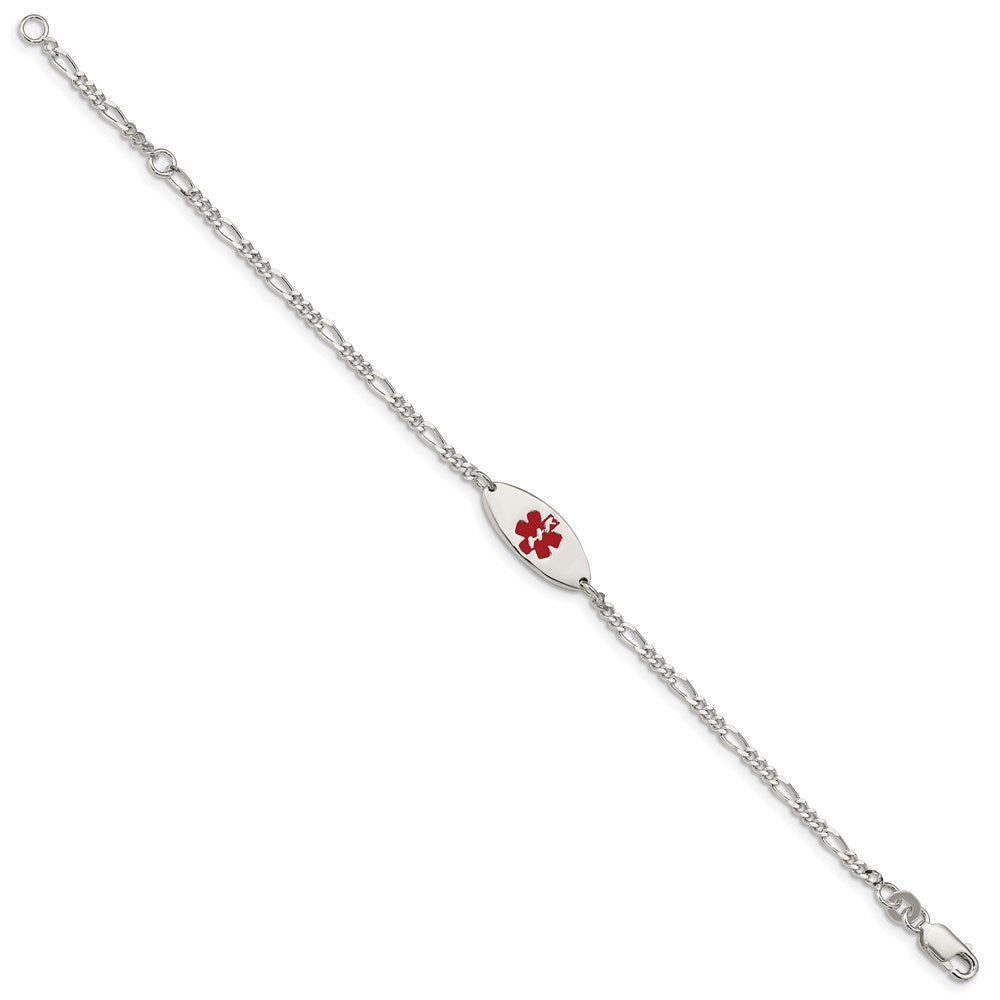 Sterling Silver Rhodium-plated Figaro Link Centered Red Enamel 18x Oval Plate Medical ID Bracelet
