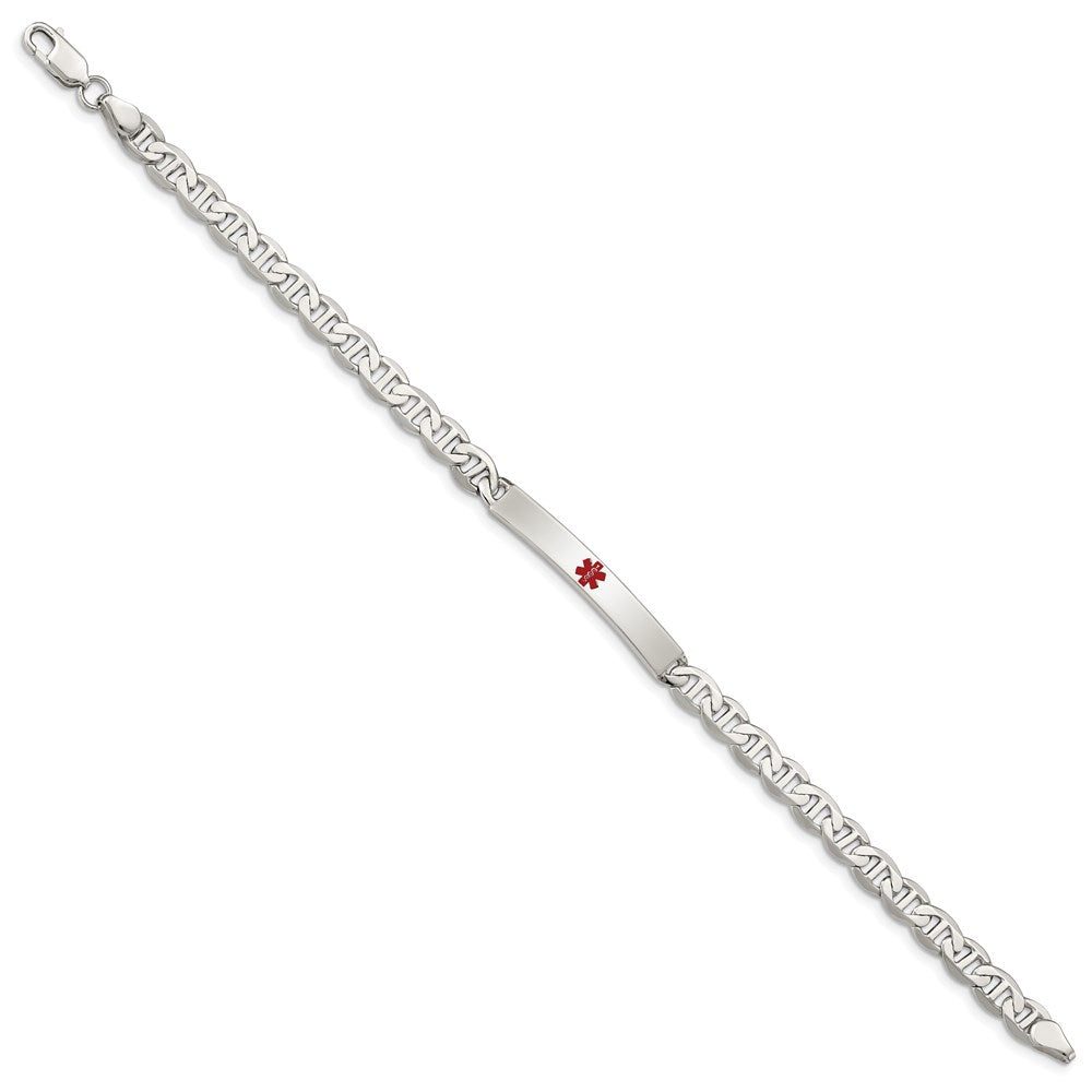 Sterling Silver Polished Anchor Link Centered Red Enamel 32x Plate Medical ID Bracelet