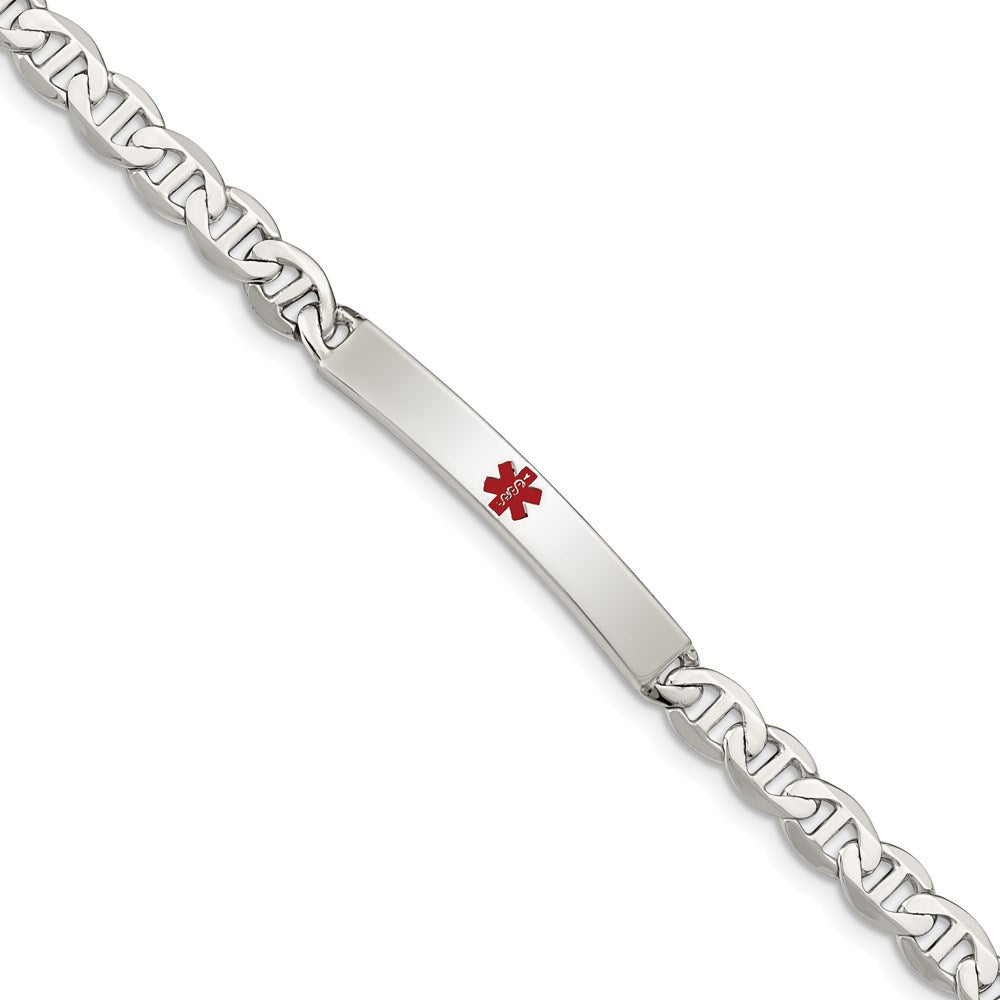 Sterling Silver Polished Anchor Link Centered Red Enamel 32x Plate Medical ID Bracelet