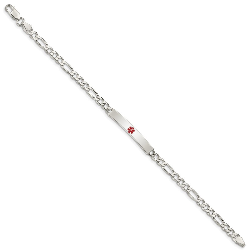 Sterling Silver Polished Figaro Link Centered Red Enamel 32x Plate Medical ID Bracelet