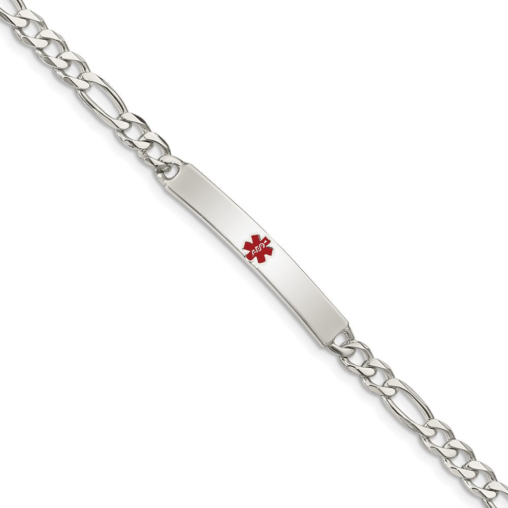 Sterling Silver Polished Figaro Link Centered Red Enamel 32x Plate Medical ID Bracelet