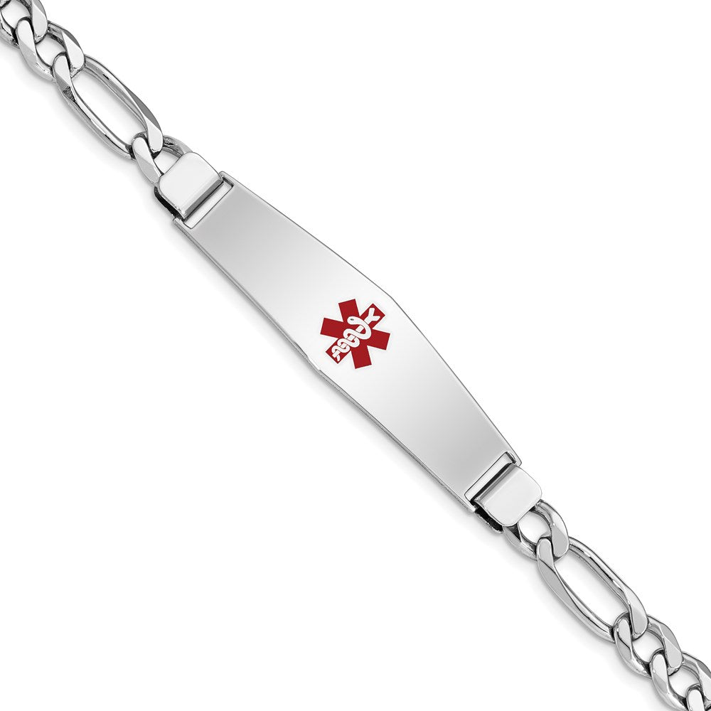 Sterling Silver Rhodium-plated Figaro Link Centered Red Enamel 50x Plate Medical ID Bracelet