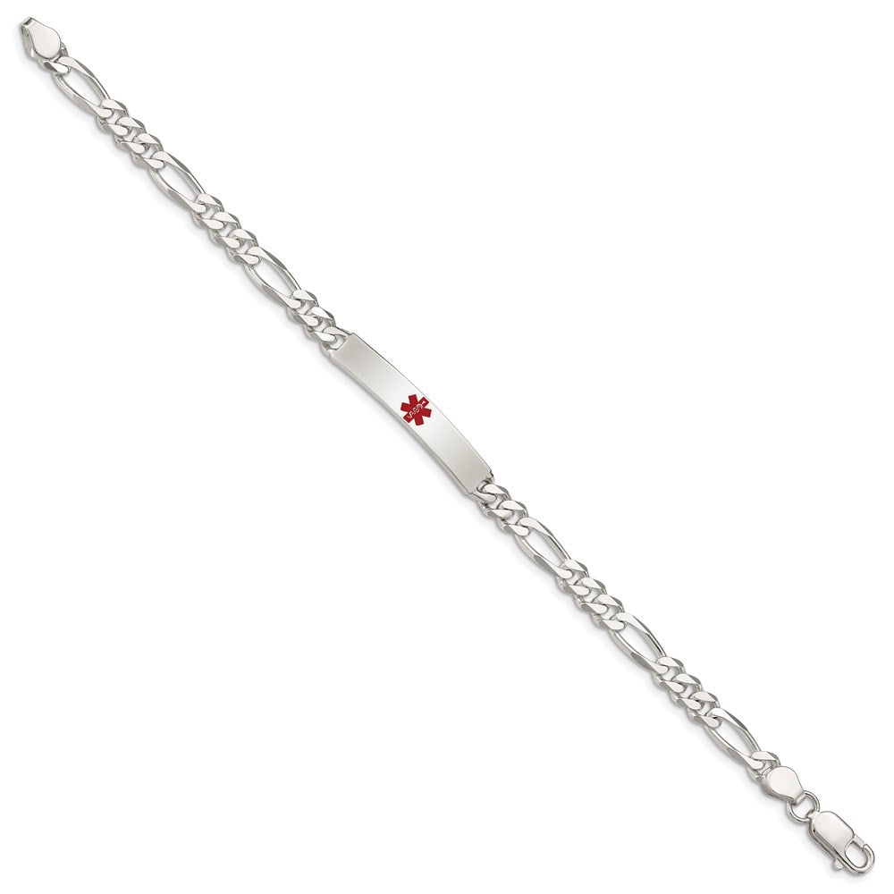 Sterling Silver Polished Figaro Link Centered Red Enamel 32x Plate Medical ID Bracelet