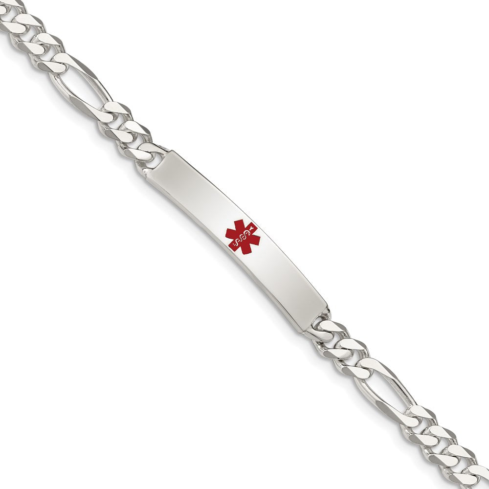 Sterling Silver Polished Figaro Link Centered Red Enamel 32x Plate Medical ID Bracelet