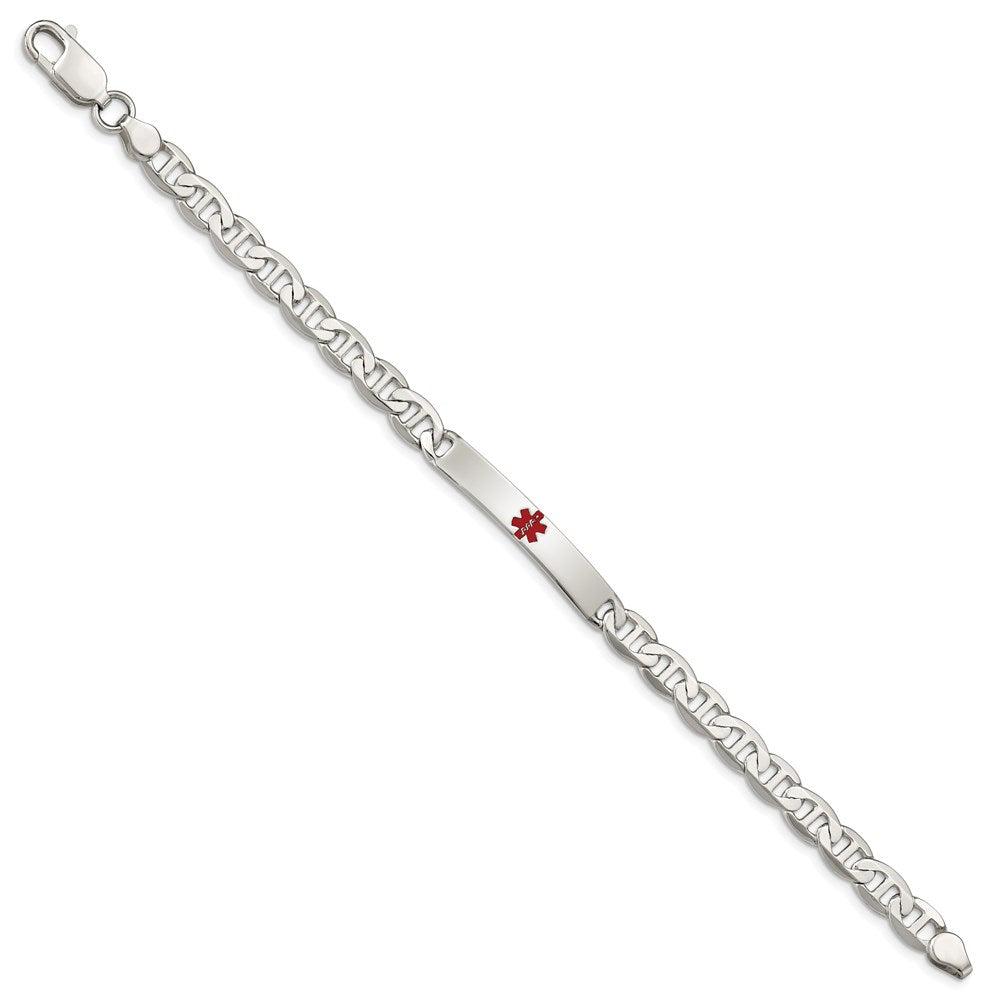 Sterling Silver Polished Anchor Link Centered Red Enamel 32x Plate Medical ID Bracelet