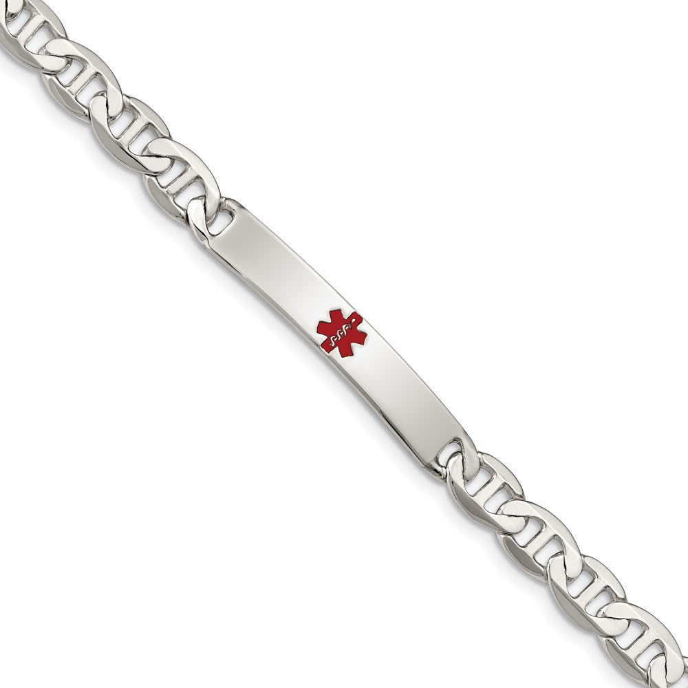 Sterling Silver Polished Anchor Link Centered Red Enamel 32x Plate Medical ID Bracelet