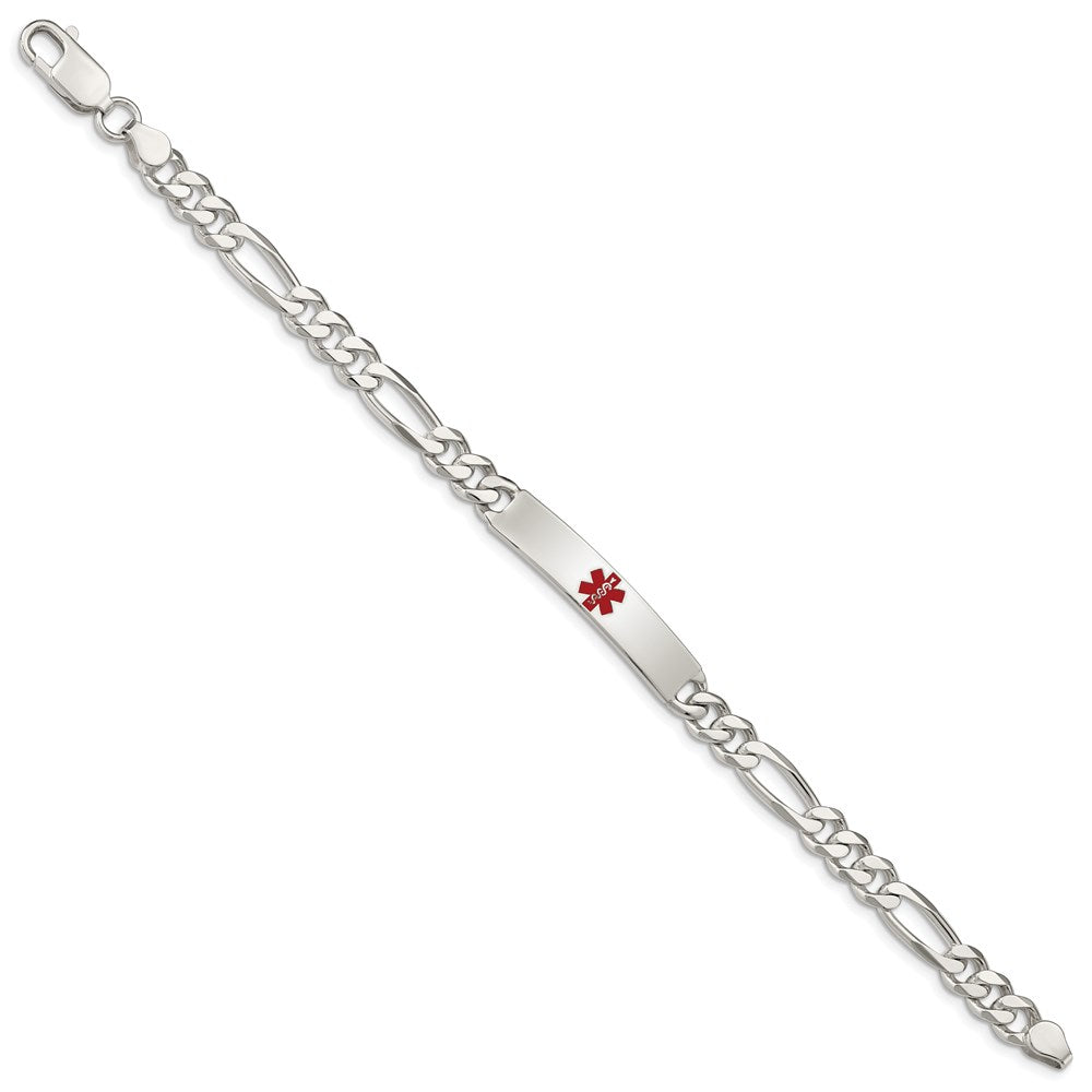 Sterling Silver Polished Figaro Link Centered Red Enamel 34x Plate Medical ID Bracelet