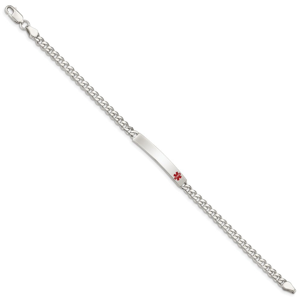 Sterling Silver Polished Curb Link Off-Center Red Enamel 32x Plate Medical ID Bracelet