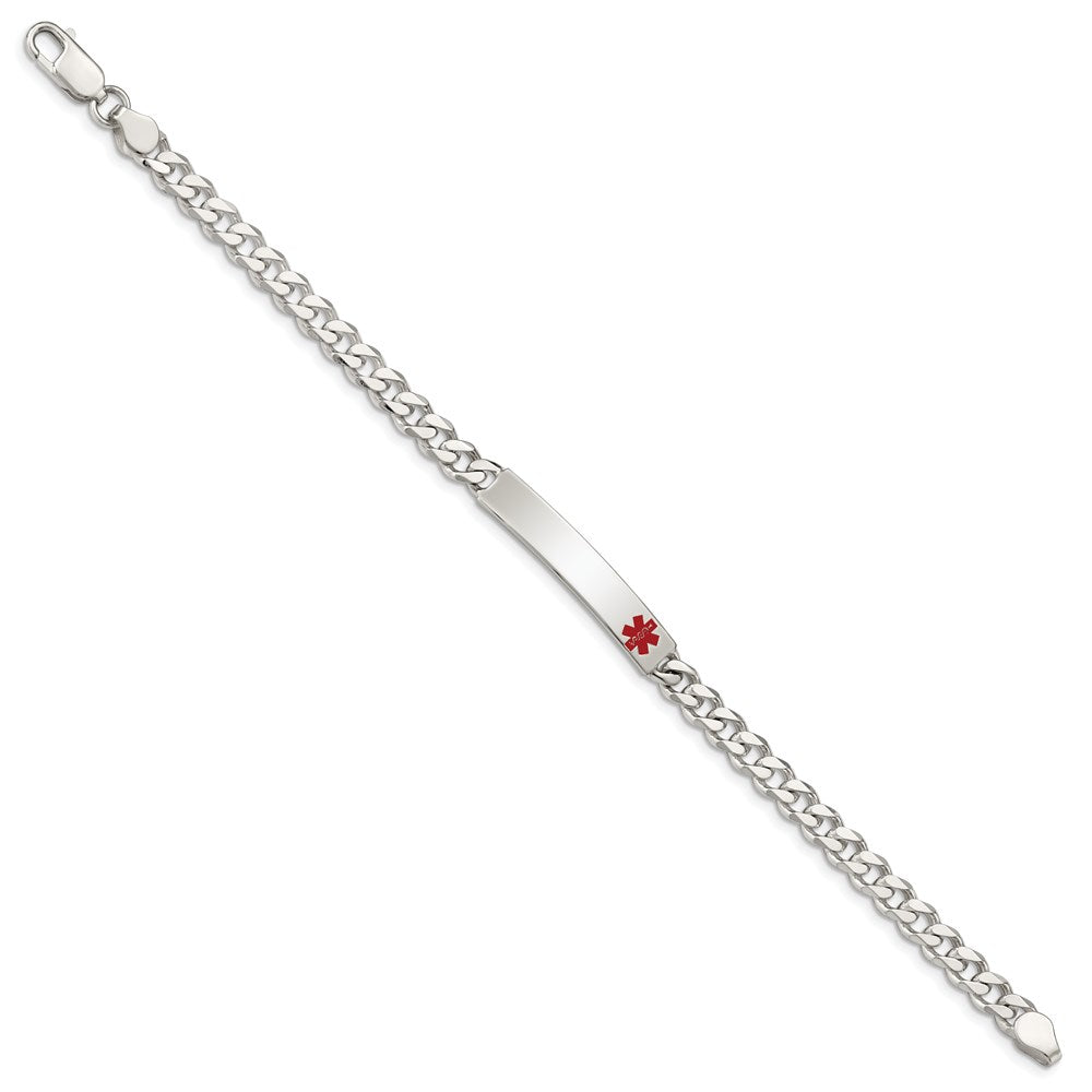 Sterling Silver Polished Curb Link Off-Center Red Enamel 32x Plate Medical ID Bracelet