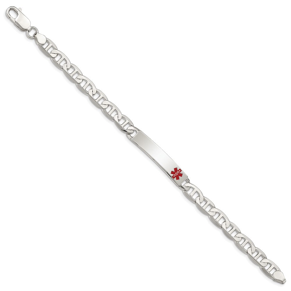 Sterling Silver Polished Anchor Link Off-Center Red Enamel 34x Plate Medical ID Bracelet