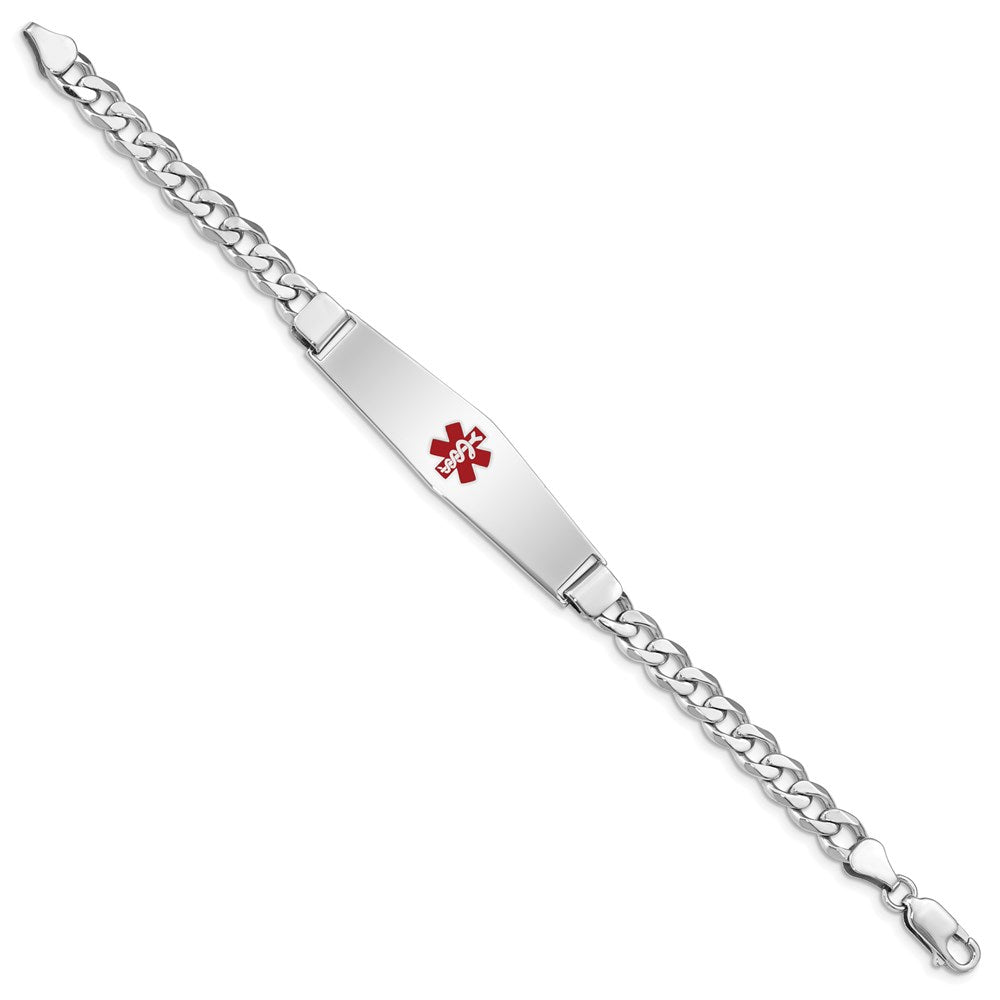 Sterling Silver Rhodium-plated Curb Link Centered Red Enamel 50x Plate Medical ID Bracelet