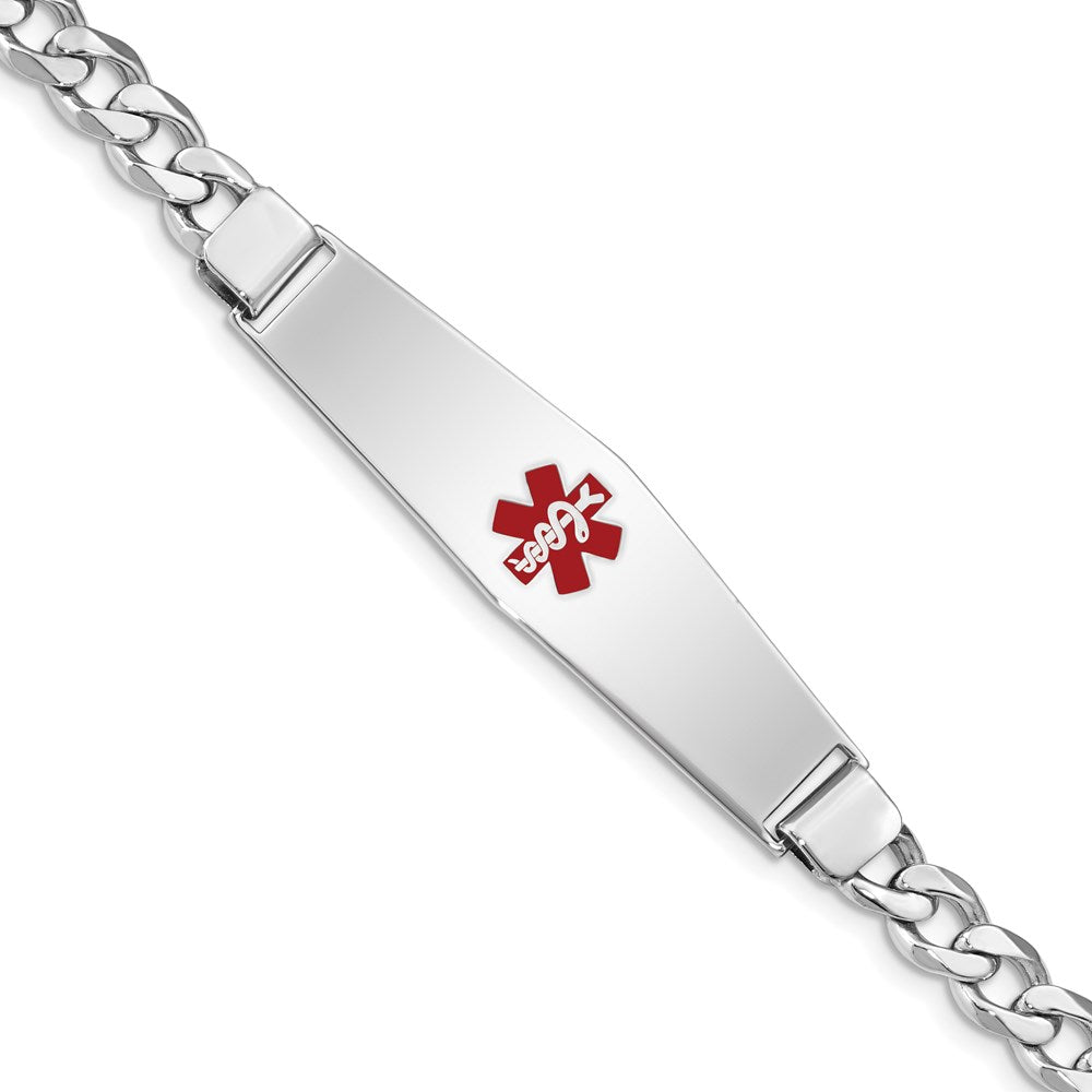 Sterling Silver Rhodium-plated Curb Link Centered Red Enamel 50x Plate Medical ID Bracelet