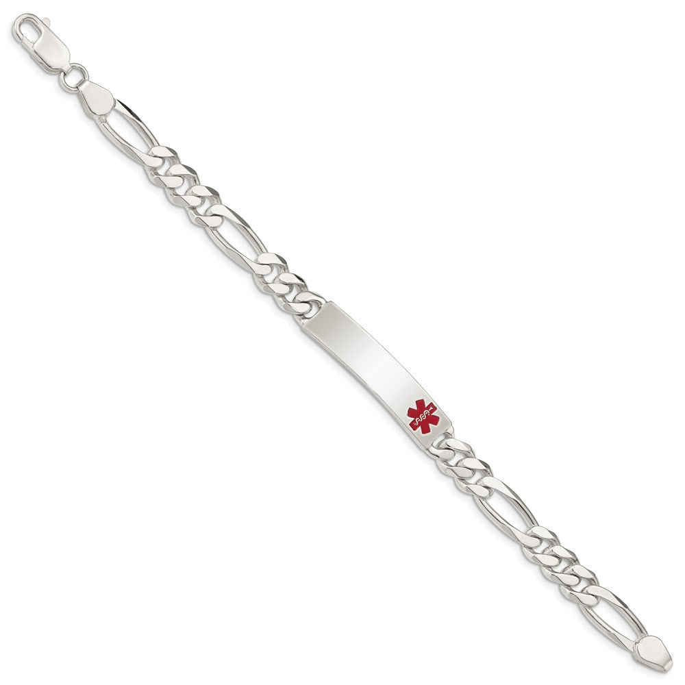 Sterling Silver Polished Figaro Link Off-Center Red Enamel 37x Plate Medical ID Bracelet