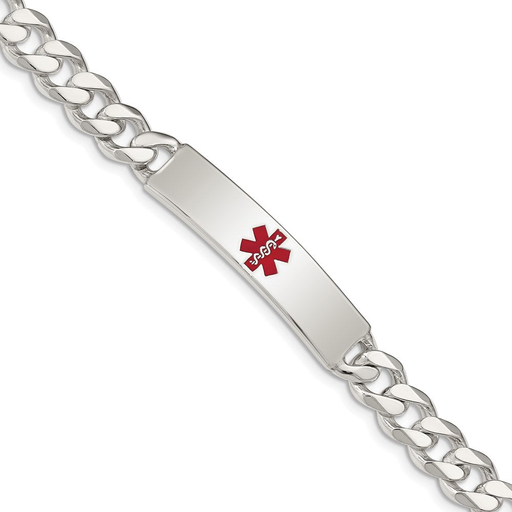 Sterling Silver Polished Curb Link Centered Red Enamel 37x Plate Medical ID Bracelet