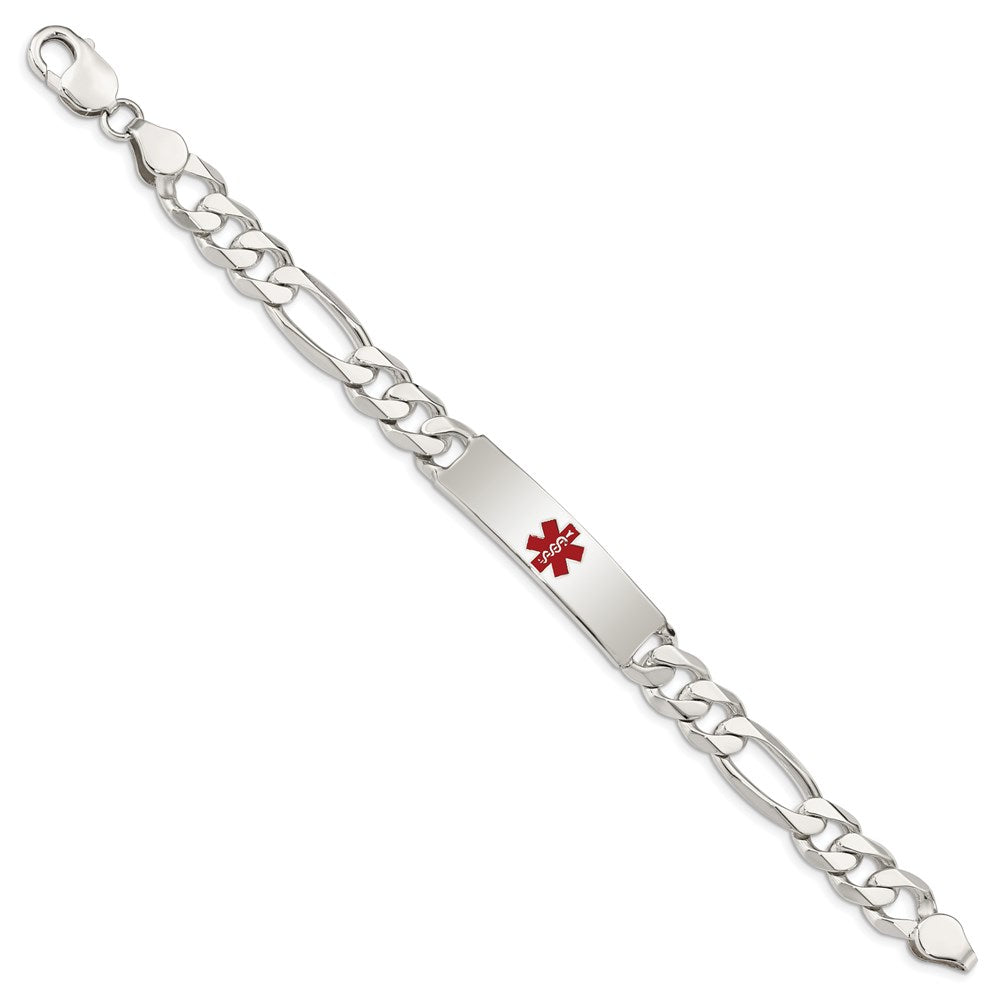 Sterling Silver Polished Figaro Link Centered Red Enamel 39x Plate Medical ID Bracelet