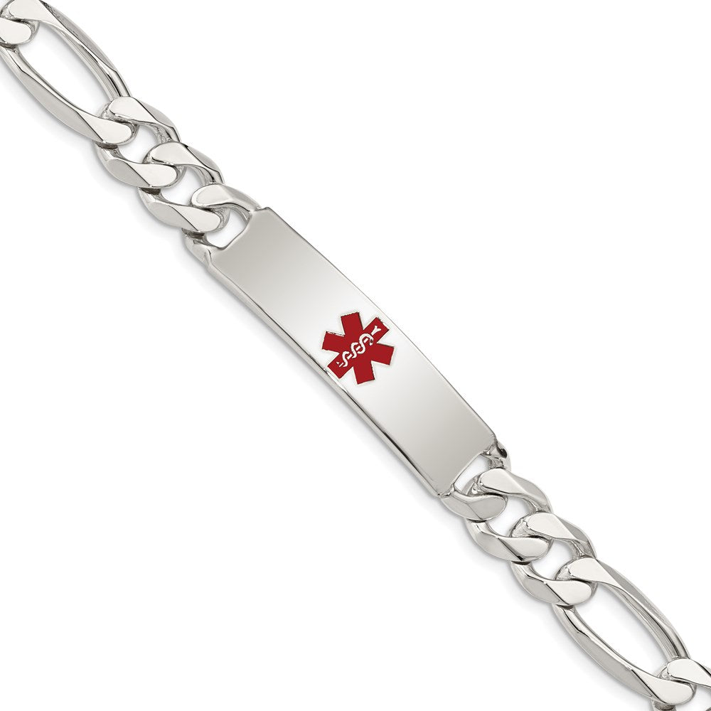 Sterling Silver Polished Figaro Link Centered Red Enamel 39x Plate Medical ID Bracelet