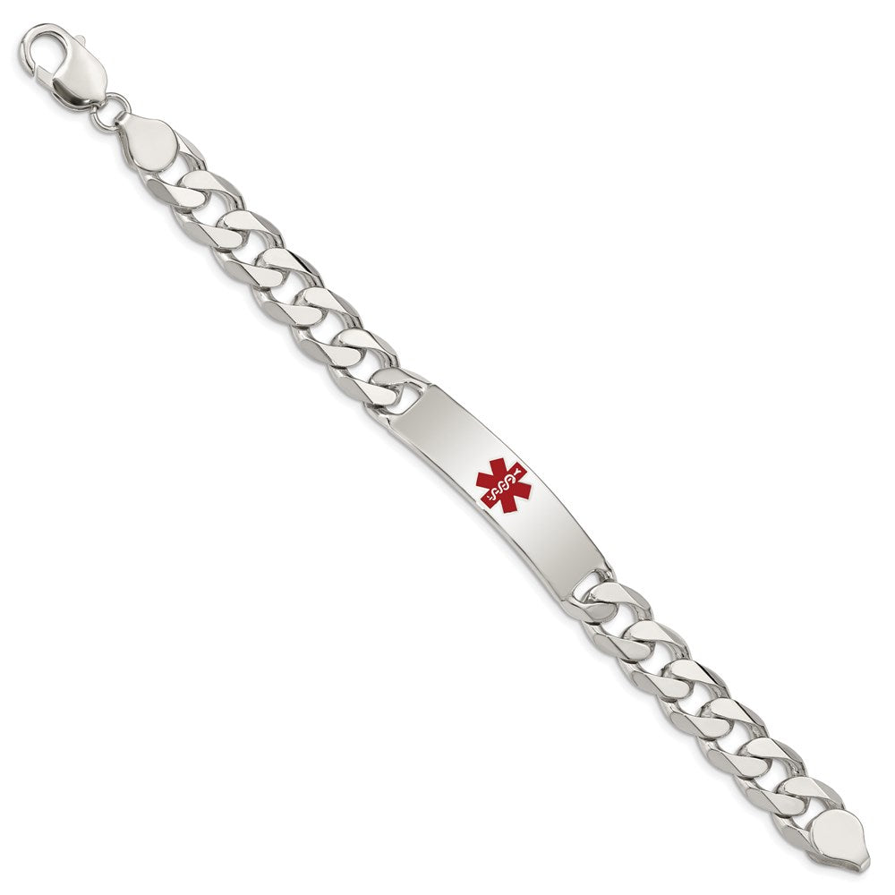 Sterling Silver Polished Curb Link Centered Red Enamel 41x Plate Medical ID Bracelet