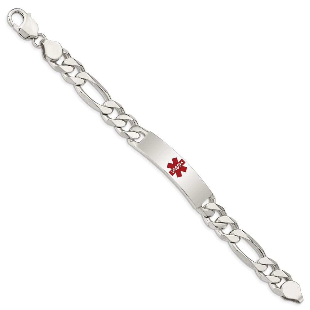 Sterling Silver Polished Figaro Link Centered Red Enamel 41x Plate Medical ID Bracelet