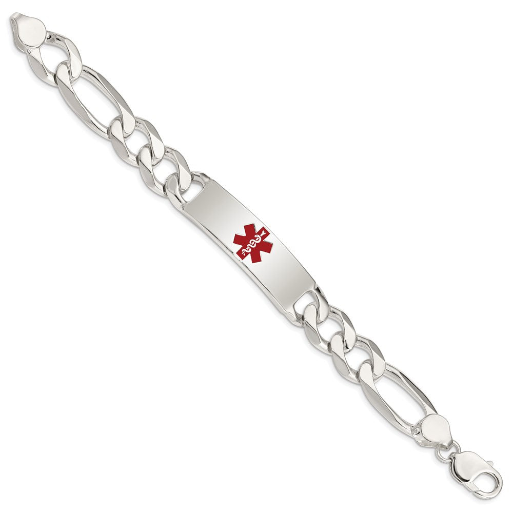 Sterling Silver Polished Figaro Link Centered Red Enamel 42x Plate Medical ID Bracelet