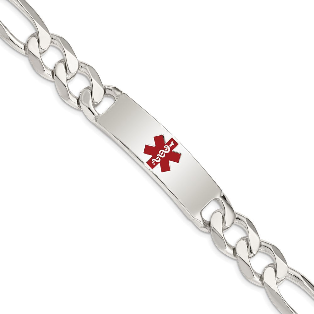 Sterling Silver Polished Figaro Link Centered Red Enamel 42x Plate Medical ID Bracelet