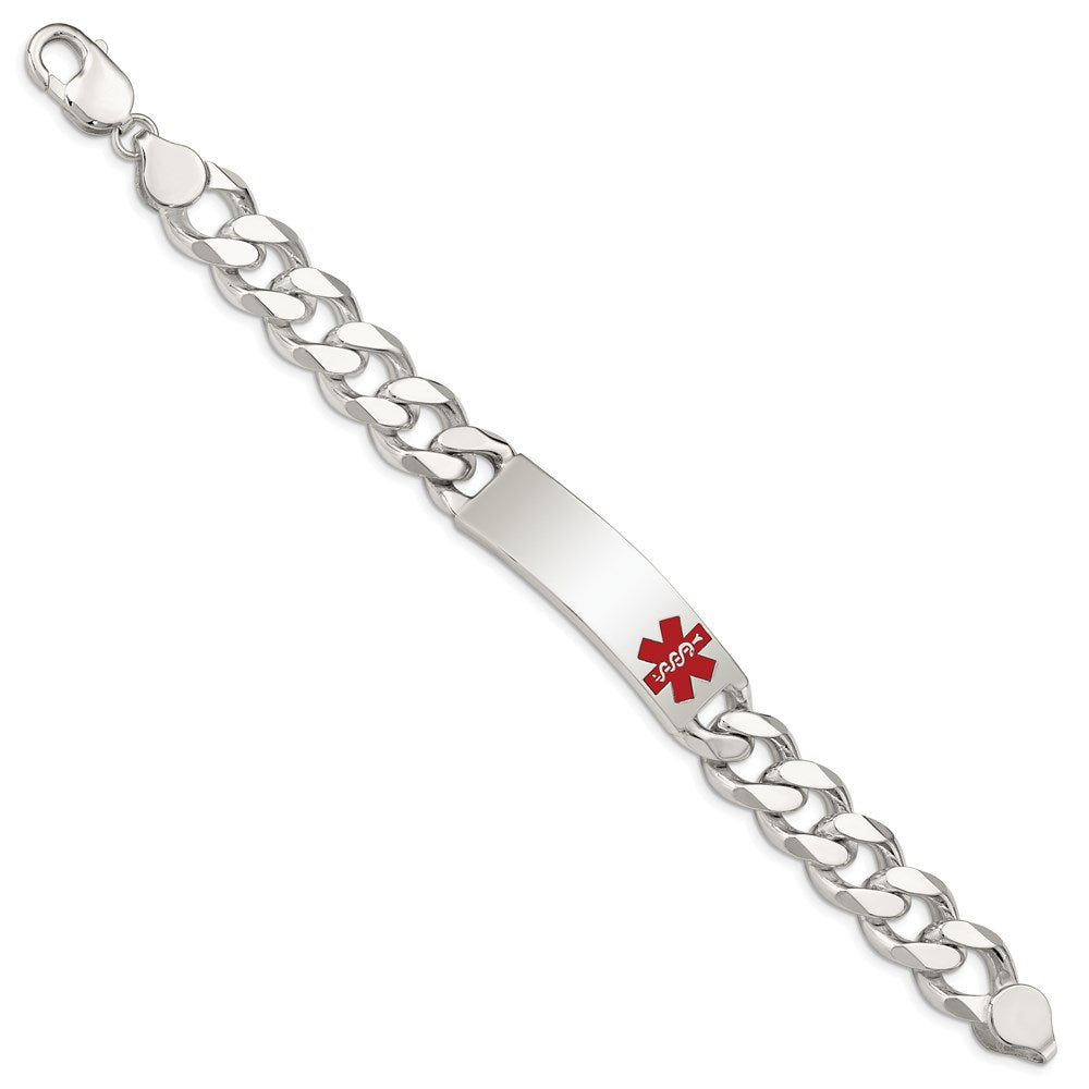 Sterling Silver Polished Curb Link Off-Center Red Enamel 43x Plate Medical ID Bracelet