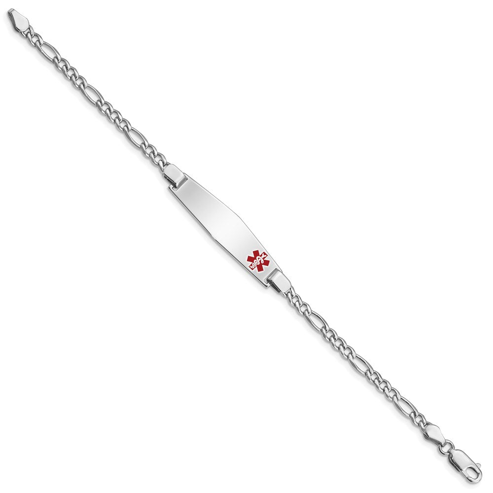 Sterling Silver Rhodium-plated Figaro Link Off-Center Red Enamel 37x Plate Medical ID Bracelet