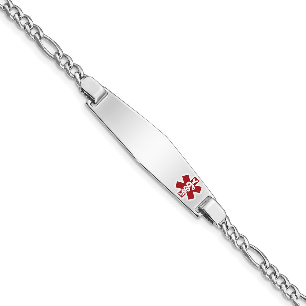 Sterling Silver Rhodium-plated Figaro Link Off-Center Red Enamel 37x Plate Medical ID Bracelet