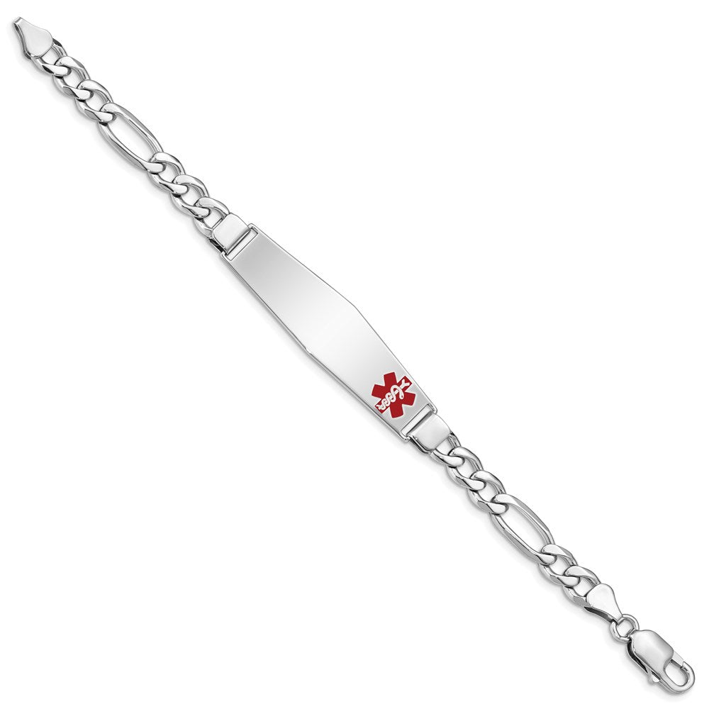 Sterling Silver Rhodium-plated Figaro Link Off-Center Red Enamel 50x Plate Medical ID Bracelet