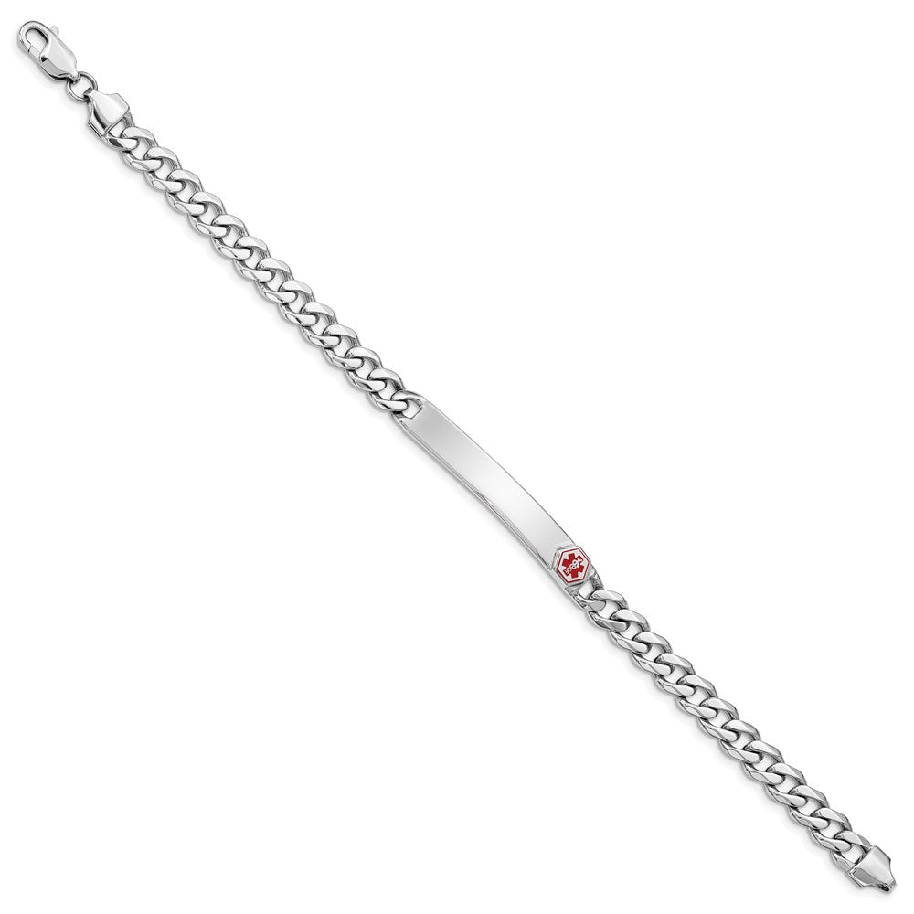 Sterling Silver Rhodium-plated Curb Link Off-Center Red Enamel 40x Plate Medical ID Bracelet