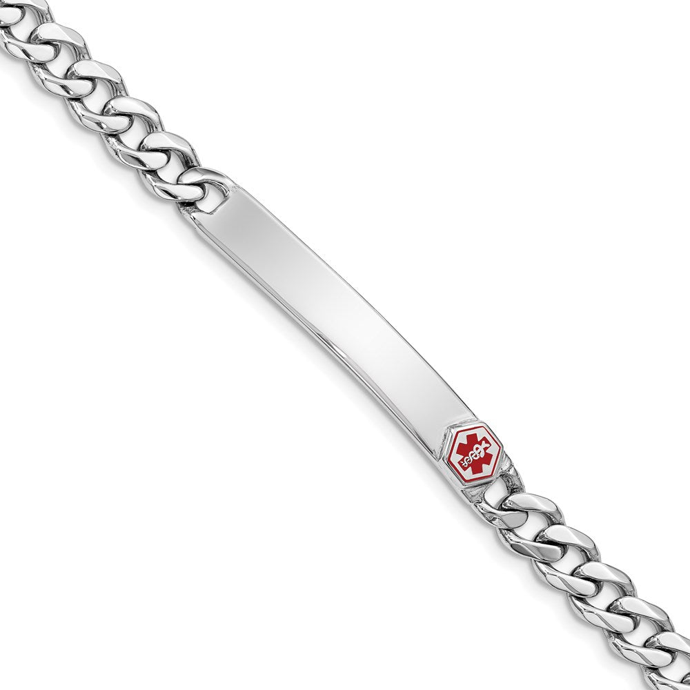 Sterling Silver Rhodium-plated Curb Link Off-Center Red Enamel 40x Plate Medical ID Bracelet