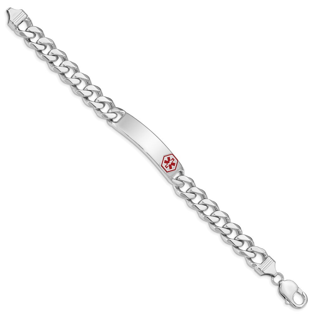 Sterling Silver Rhodium-plated Curb Link Off-Center Red Enamel 40x Plate Medical ID Bracelet