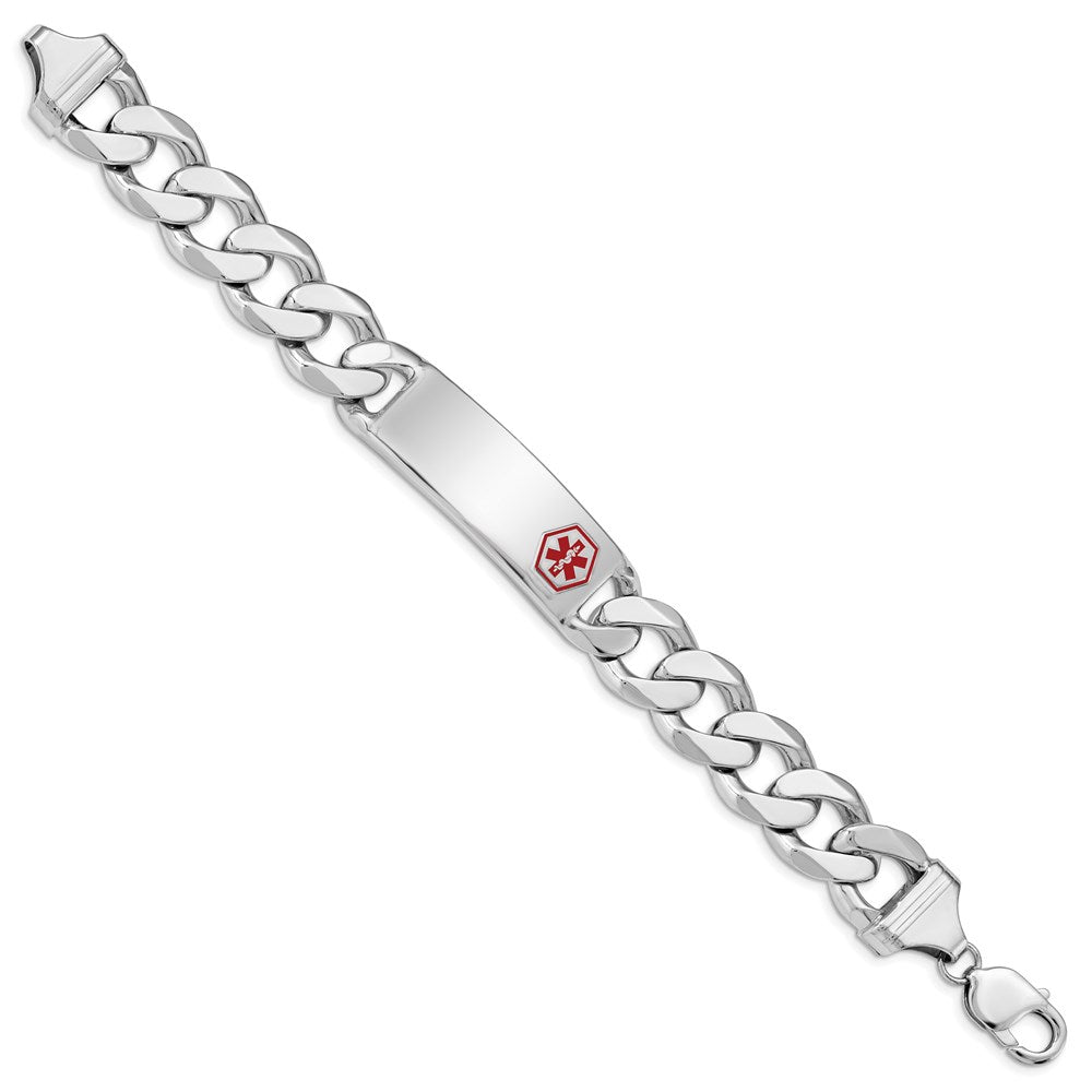 Sterling Silver Rhodium-plated Curb Link Off-Center Red Enamel 40x Plate Medical ID Bracelet