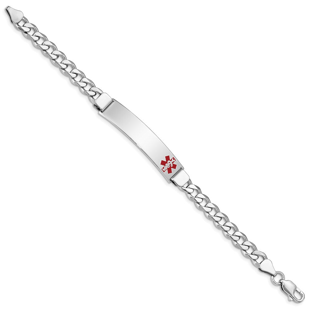 Sterling Silver Rhodium-plated Curb Link Off-Center Red Enamel 43x Plate Medical ID Bracelet