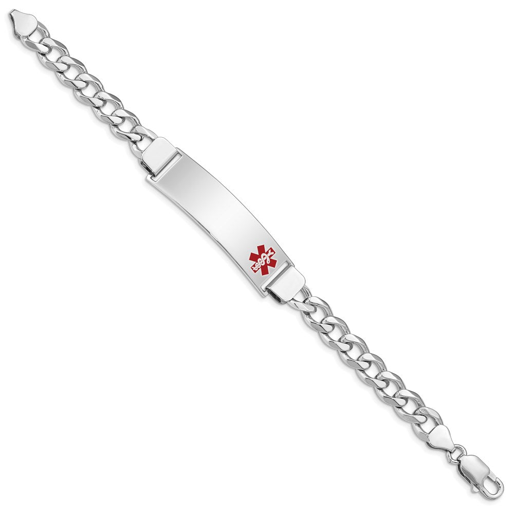 Sterling Silver Rhodium-plated Curb Link Off-Center Red Enamel 45x Plate Medical ID Bracelet